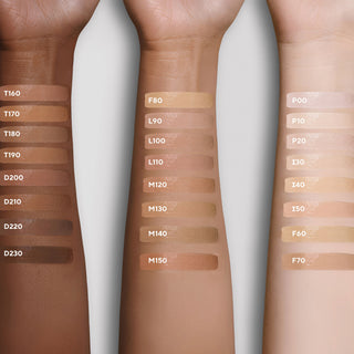 24 foundation swatches on 3 arms displaying a diverse range of color options, showcasing Mirabella's inclusive foundation shades for all skin tones