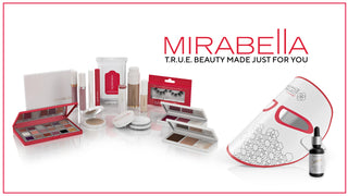 Mirabella Beauty Products & LED Facial Mask Showing Logo Gluten Free Makeup & Skincare showing true to you on white background