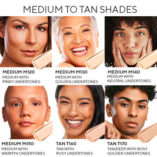 Multiple models with medium skin tones showcasing Mirabella Beauty foundations with diverse full coverage with swatches