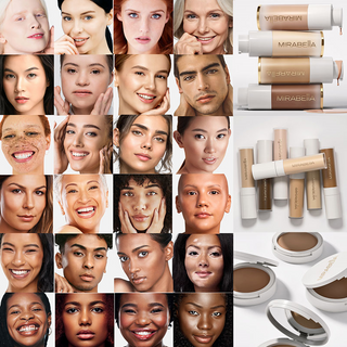 Mirabella Beauty Model Image Showing diverse range of foundations, pressed powders & concealers. Image has product shots in white packaging