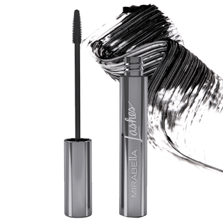 Mirabella Beauty Lasting Lash Waterproof Mascara Bottle with Swatch showing silicone wand on white background