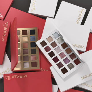 Mirabella Beauty True To You Eyeshadow Palettes - Talc-Free Eyeshadow In white & Red compacts showing pigements, talc free powders