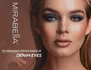 Model with denim-inspired makeup looks by Mirabella Beauty: Bold, stylish eye and lip colors for a trendy, vibrant appearance