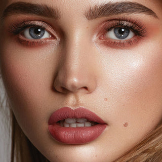 Model wearing Mirabella Berried Modern Lipstick, showcasing a rich berry shade that enhances natural beauty with a pink tint