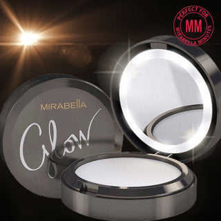 Image of Glow Universal Hyaluronic Powder compact by Mirabella in LED Lit Makeup Blue-Light Protective Powder on black background