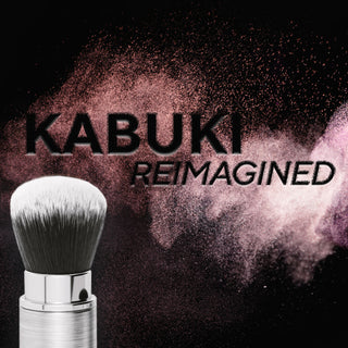 Mirabella Retractable Professional Travel Kabuki Brush Reimagined with Powders on black