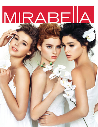 Three beauty models showcasing flawless looks with Mirabella featuring the Mirabella logo. Ideal choices for brides seeking a perfect wedding makeup