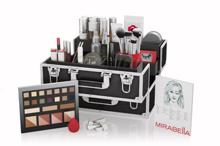 Image of Mirabella Beauty Large Cosmetology School Makeup Kit for artist in makeup organizer with various products on white background