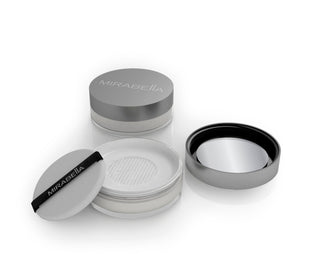 Perfecting Powder Makeup Setting Loose by Mirabella Beauty Showing Silver compact mirror and buff on white background for matte finish 