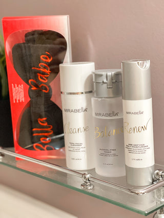 Mirabella Skincare Routine with BellaBabe Bow on Vanity