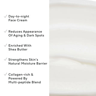 Mirabella’s Day To Night Moisturizer cream is shown up close alongside key callouts, including its Collagen-rich formula enhanced with Shea Butter.