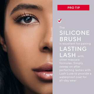 Model with Waterproof Lasting Lash Mascara applied, showing enhanced volume and length with pro tips for all-day wear & flexibility.