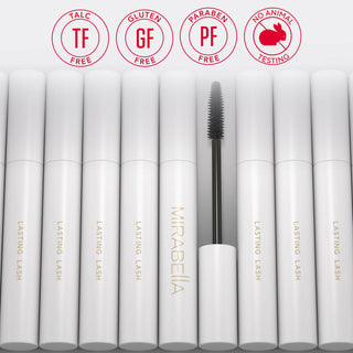 Open Mirabella Lasting Lash Waterproof Mascara tube, featuring a bristle spoolie, highlighting the sleek design and core values or brand.