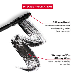 Mirabella Beauty Lasting Lash Waterproof Mascara swatch and silicone bristle brush - gluten-free, key ingredients and benefit talking points.