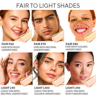 Invincible for All Anti Aging HD Foundation shades Fair to Light with models that accurately show the shade with swatch next to face for comparison.