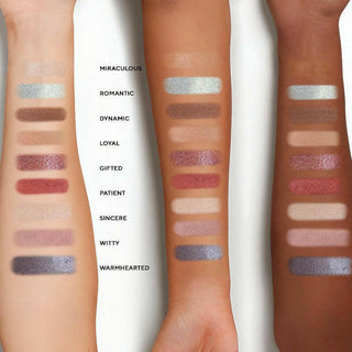 True to You Buff Eyeshadows swatched on different skin tones, showcasing the diverse range of 9 eyeshadow shades & built-in eye primer.