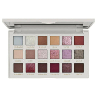 True to You Buff Eyeshadow palette red case opened to show the 17 eyeshadows in rosy mattes and shimmers, plus built-in eyeshadow primer.