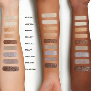 True to You Nude Eyeshadows swatched on different skin tones, showcasing the diverse range of 9 eyeshadow shades & built-in eye primer.