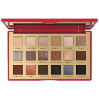 True to You Nude Eyeshadow palette red case opened to show the 17 eyeshadows in mattes and shimmers, plus built-in eyeshadow primer.