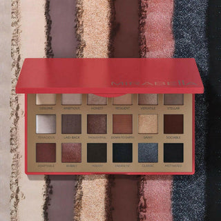 True To You Nude Eyeshadow Palette opened on top of the shadow swatches showcasing the palettes array of matte & shimmer shades.