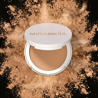 Mirabella Invincible for All Pure Press white compact with logo shown open to showcase the pressed powder on top of dispersed powder.