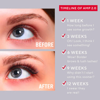 Before & after images of a model's eye using Mirabella Amp 2.0 Lash & Brow Serum for 12 weeks, showing effective results