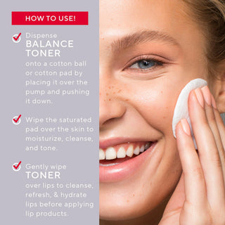 Model using a cotton round with Mirabella's Balance Alcohol-Free Toner, showing steps to cleanse, refresh, & hydrate skin 