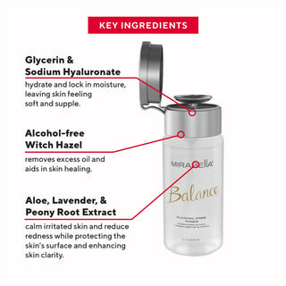 Close-up of Mirabella's Balance Alcohol-Free Toner: key ingredients like Aloe, Peony Root, & Lavender to calm & soothe skin.