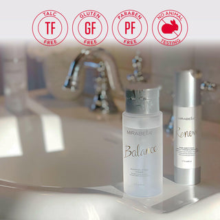 Mirabella Balance Alcohol-Free Toner & Renew Moisturizer by the sink - core value emblems Gluten Free Talc Free Paraben Free