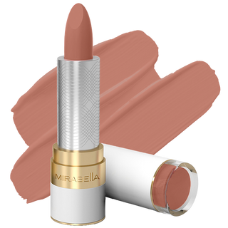 Close-up of Mirabella Sealed with a Kiss Lipstick in Barely Beige, offering long-lasting wear & hydration, displayed on a white background.