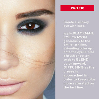 Model applying Mirabella Blackmail Eye Crayon: Demonstrates effortless glide and deep black color for a striking, defined eye