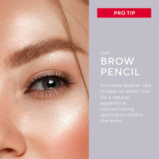 Model with flawless brows alongside a pro tip to create fine, feather-like strokes with Mirabella's Brow Pencil for natural-looking brows.