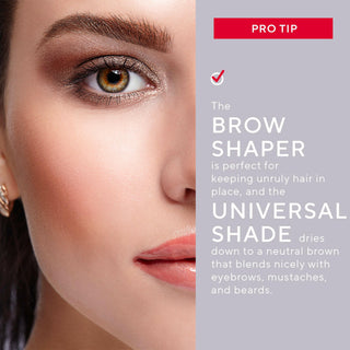 Model wearing Brow Shaper applied, achieving a flawless brow shape. Pro tips for using the shaper included for improved brow appearance.