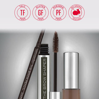 Brow Pencil, Brow Shaper, Quick Brow Powder Tube & spoolie brush displayed below Mirabella's highlighting core values.