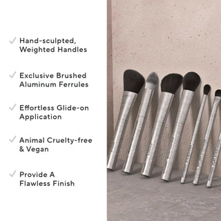 Mirabella vegan makeup brushes propped on a clean surface alongside key callouts, including their weight handles and brushed aluminum ferrules.