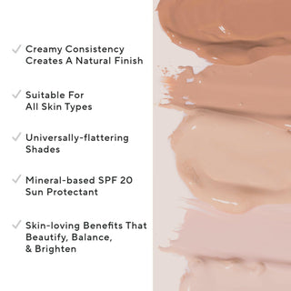 Mirabella CC Cream swatches shown up close on a light tan background alongside key callouts, including its natural finish & SPF 20 formula.