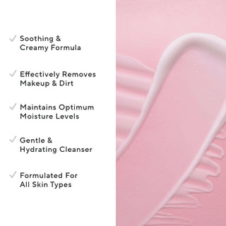 Mirabella’s creamy facial cleanser shown on pink background alongside key callouts, including its gentle, hydrating formula & effectiveness.
