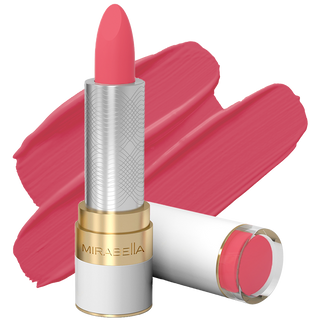 Close-up of Mirabella Sealed with a Kiss Lipstick in Coral Crush, offering long-lasting wear & hydration, displayed on a white background.