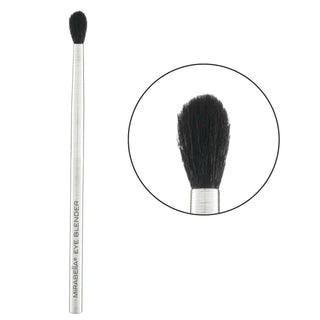 Mirabella Eye Blender makeup brush on a white background showcasing its brushed aluminum handle and ultra-soft, fluffy vegan bristles.
