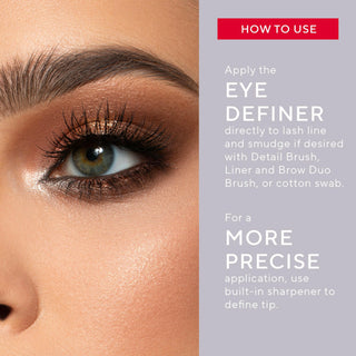 Up-close Mirabella model with smoky eyeliner alongside instructions on how to use the Eye Definer pencils to create smudged or precise eyeliner looks.