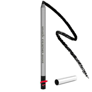 Close-up of Mirabella Eye Definer pencil showing its retractable tip for precise application on white background showing swatch & sharpener