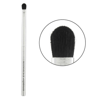 Mirabella Eyeshadow makeup brush on white background showcasing its brushed aluminum handle & small-shaped vegan bristles for shading eyes.