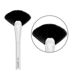 Close up image of Mirabella Vegan Fan Brush with fan-shaped bristles for precise application of highlighter, bronzer, & powders for pros.