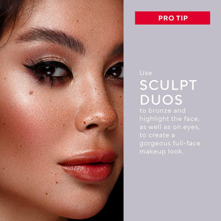 Model Close-up wearing Mirabella Sculpt Duos for a glowing complexion alongside a pro tip to use the shades for a full-face makeup look. 