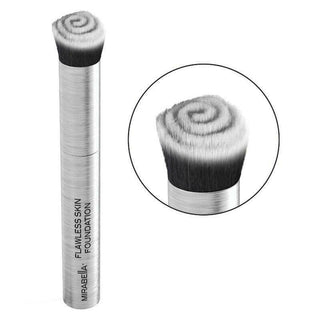 Mirabella Flawless Skin makeup brush on a white background showcasing its brushed aluminum handle and swirled vegan bristles for foundation.