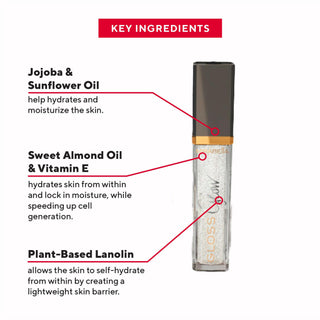 Mirabella Glow LED Light Up Lip Gloss with mirror, highlighting key ingredients & benefits within formulations.