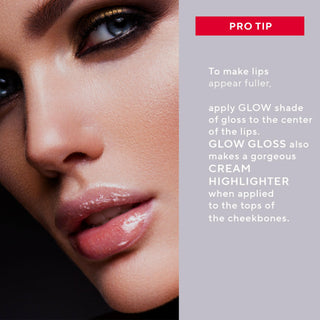 Model Showing Pro Tips for Mirabella Glow Light-Up Lip Gloss, showing its high-shine finish & convenient light-up feature & mirror