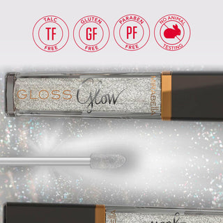 A close-up of Mirabella's Glow Light Up Lip Glosses on a sparkly background showing the applicator wand & the brand's core value emblems floating.