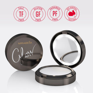 Mirabella Glow Hyaluronic Powder compact with mirror and LED light, featuring a sleek, modern design for a radiant finish.