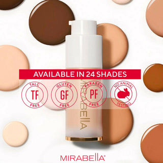 Invincible Foundation with shade swatches on white background showcasing 24 shades by Mirabella while outlining brand values.